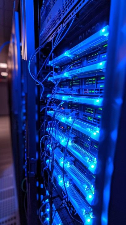 server rack data center with glowing blue lights signifying technical performance and speed