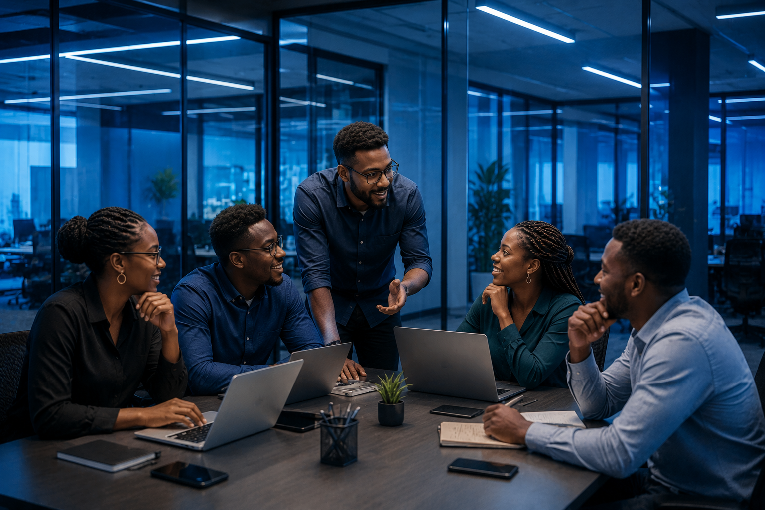 diverse team of tech experts collaborating in a modern office with sleek blue glass walls