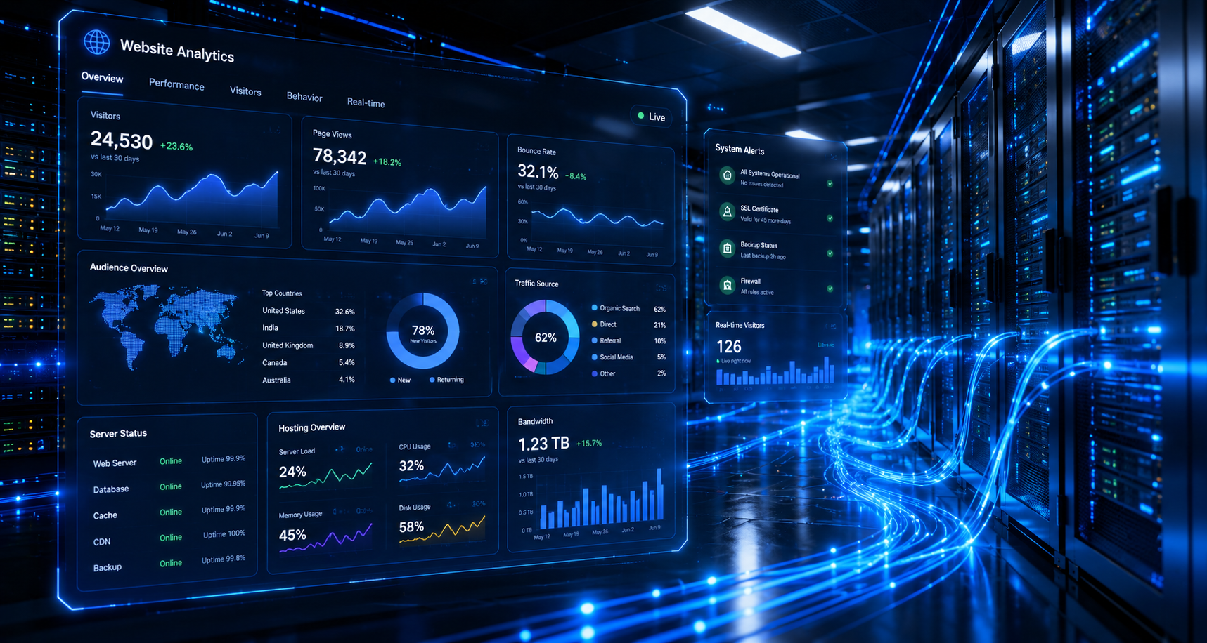 Modern data center and web interface representation